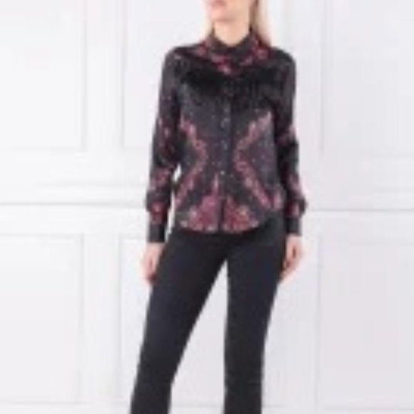 Women's Desigual Western Satin Paisley Long Sleeve Shirt Blouse Fringe Size L - Picture 14 of 14